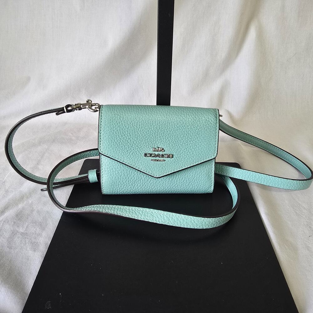 Coach Leather Envelope Mini Wallet Teal Green Pebbled Crossbody Detach Strap
